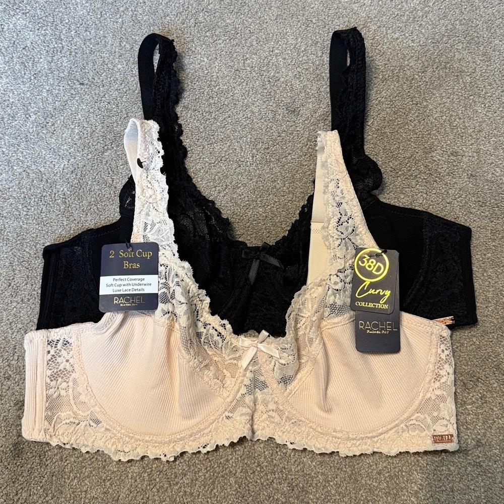 Rachel Roy Curvy Collection 2 Pack Unlined Lace Trim Full Coverage Bra Size 38 D